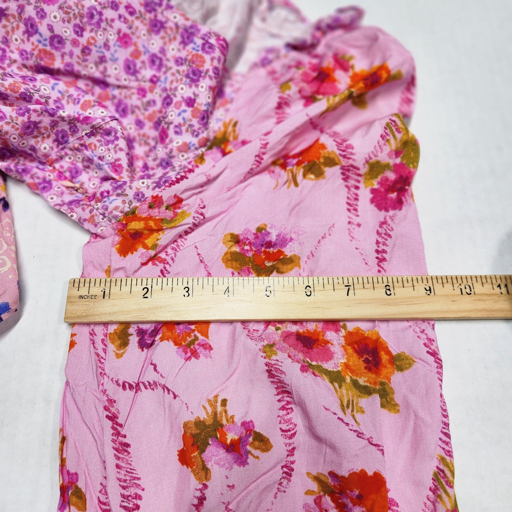 Patchwork Pink Floral Mini Dress Tiered Ruffle Balloon Sleeves  Boho Romantic XS - Picture 10 of 11